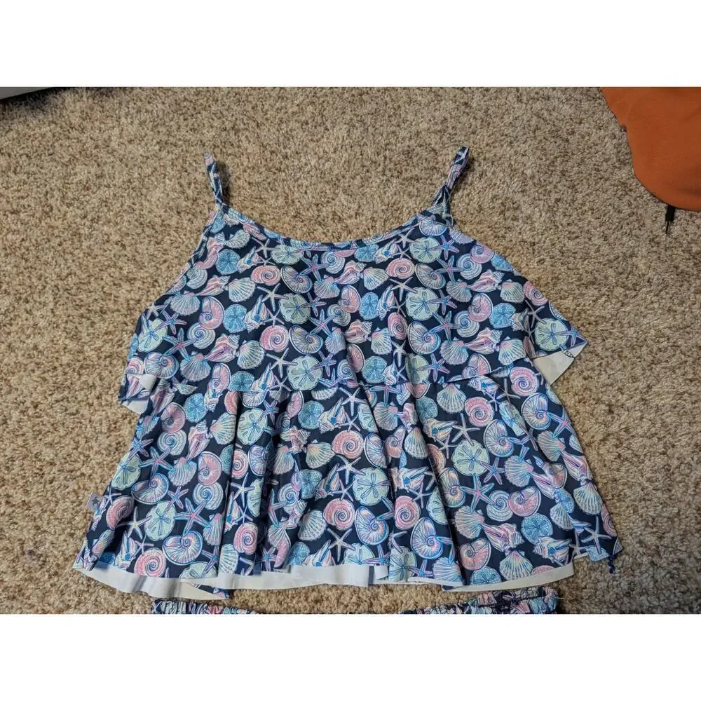 Simply Southern Womens Size M Blue Shell Bee Tankini Top, skort Swimsuit Set